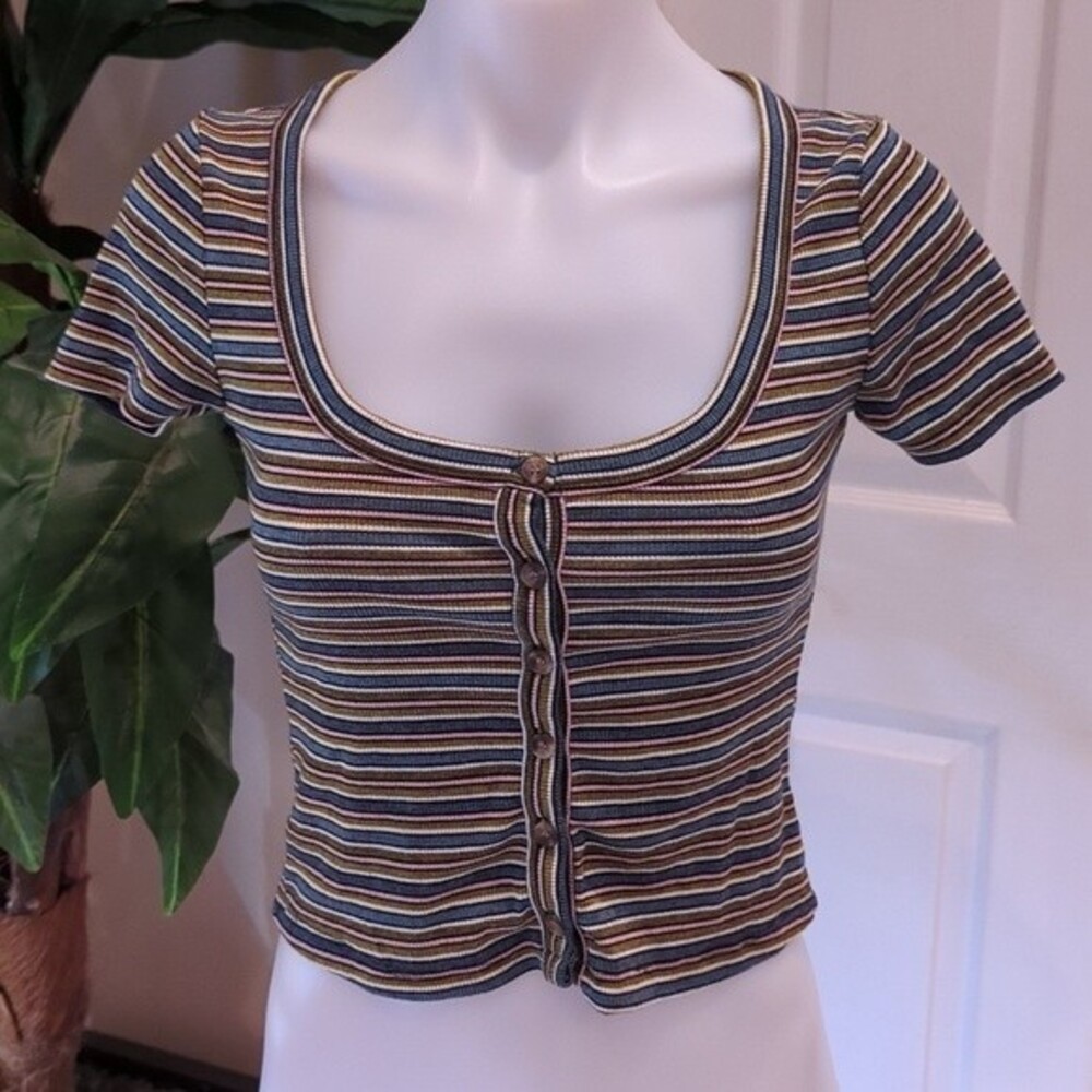 Vylette Women's Striped Crop Top W/Button Down Front Size Small